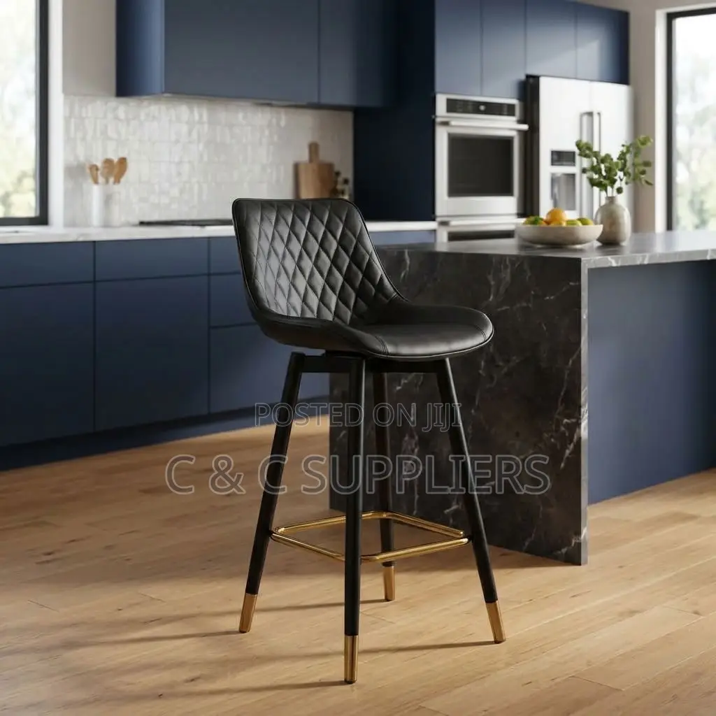 Black Leather Kitchen Footstool.