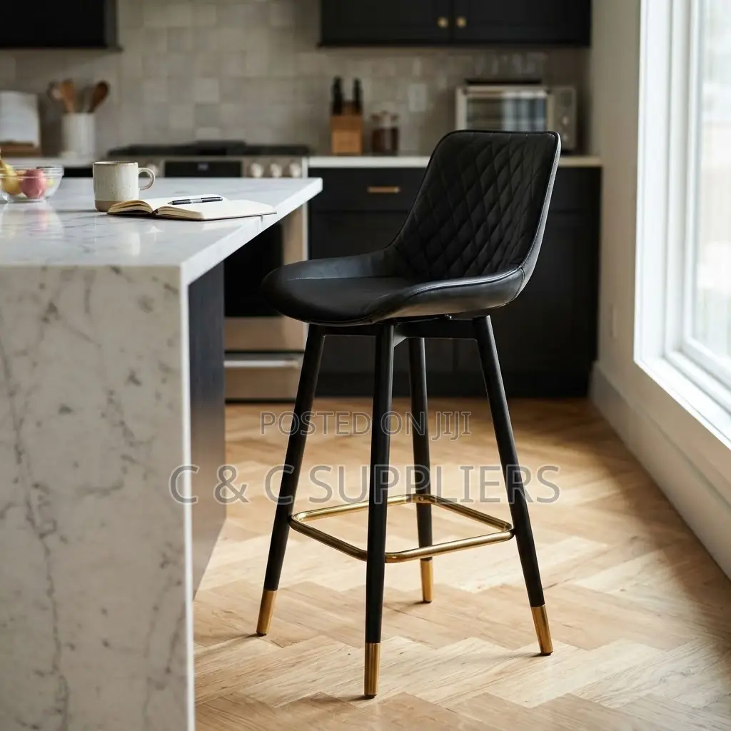 Black Leather Kitchen Footstool.