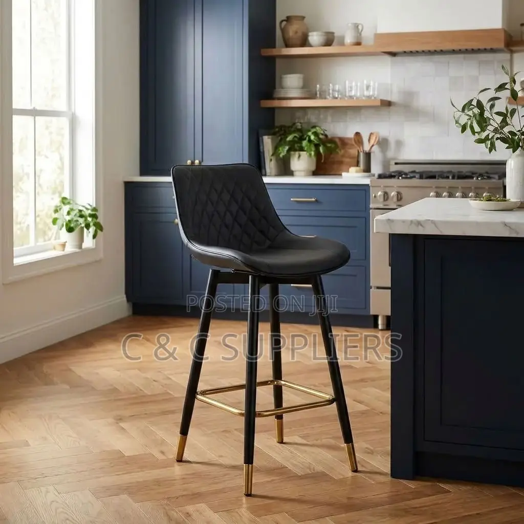 Black Leather Kitchen Footstool.