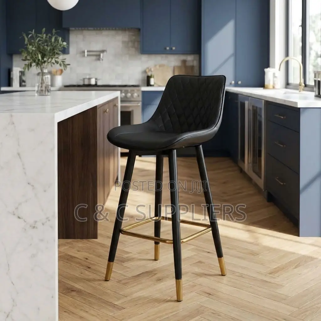 Black Leather Kitchen Footstool.