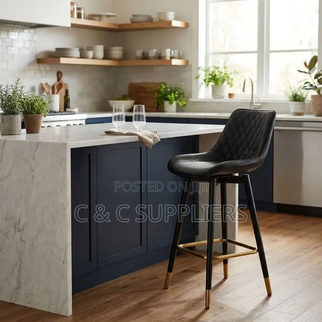 Black Leather Kitchen Footstool.