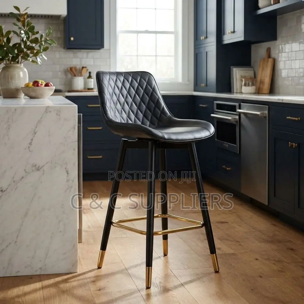 Black Leather Kitchen Footstool.