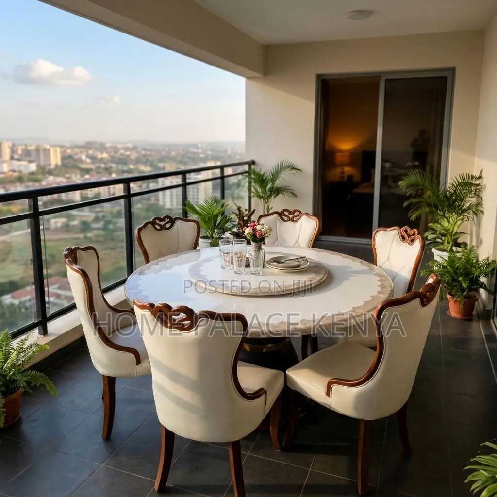 Home Dining Set; Leather Chairs With Turn Table Dining Set