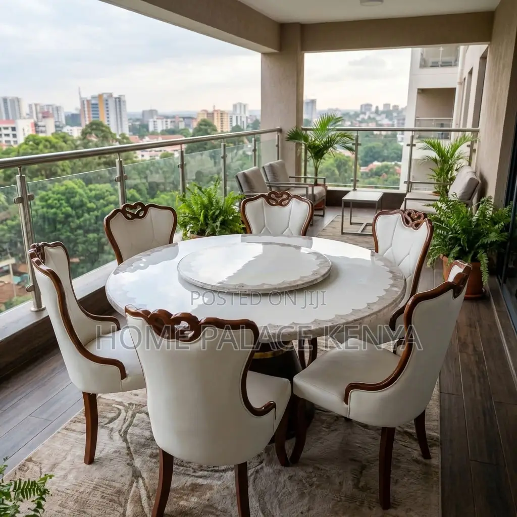 Home Dining Set; Leather Chairs With Turn Table Dining Set