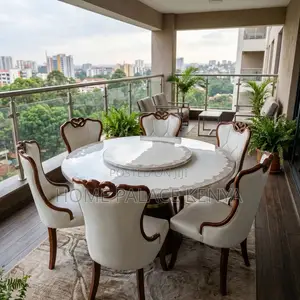 Home Dining Set; Leather Chairs With Turn Table Dining Set