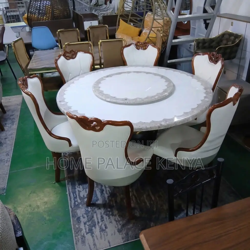 Home Dining Set; Leather Chairs With Turn Table Dining Set