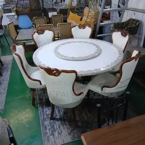 Home Dining Set; Leather Chairs With Turn Table Dining Set