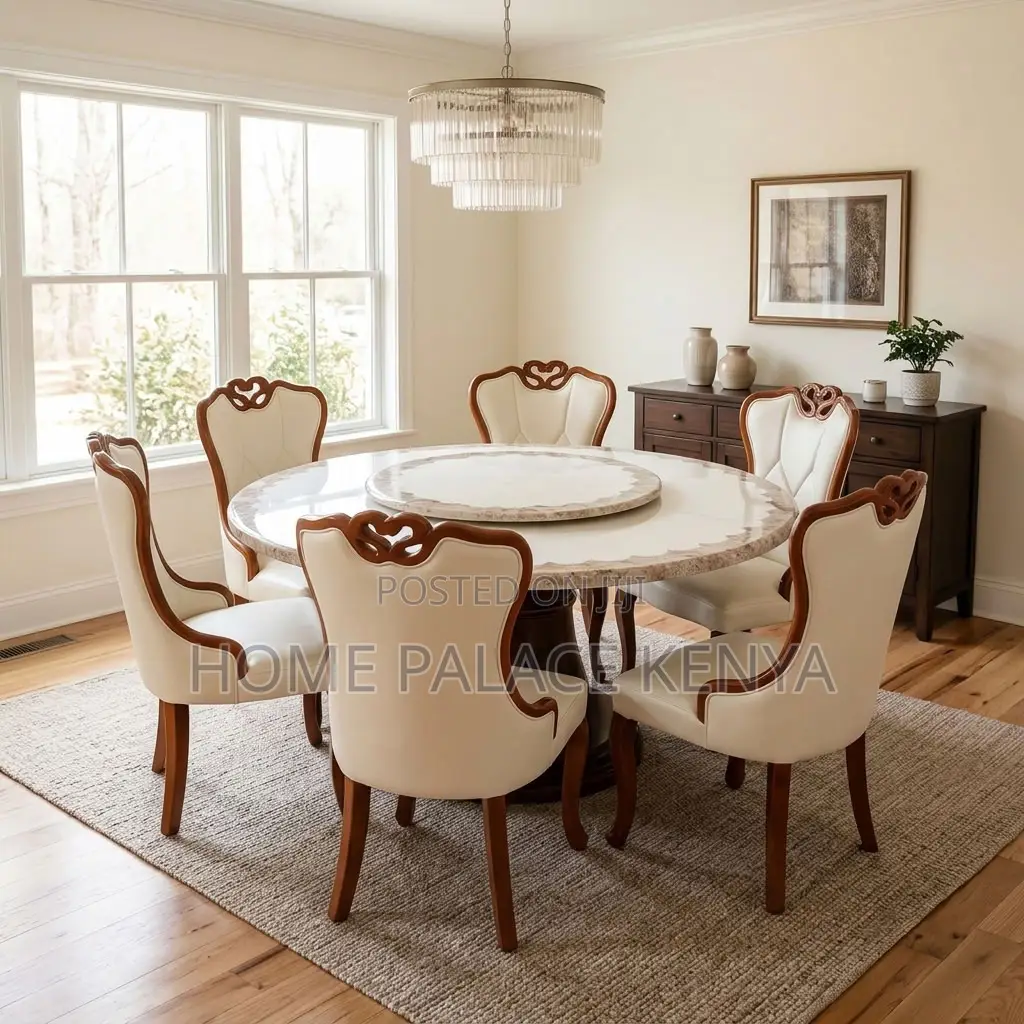 Home Dining Set; Leather Chairs With Turn Table Dining Set