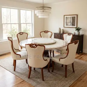 Home Dining Set; Leather Chairs With Turn Table Dining Set