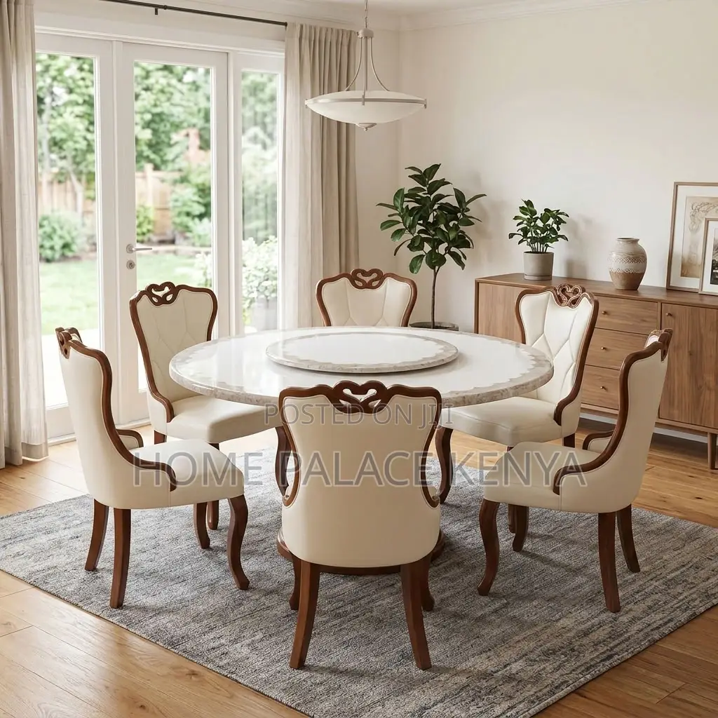 Home Dining Set; Leather Chairs With Turn Table Dining Set