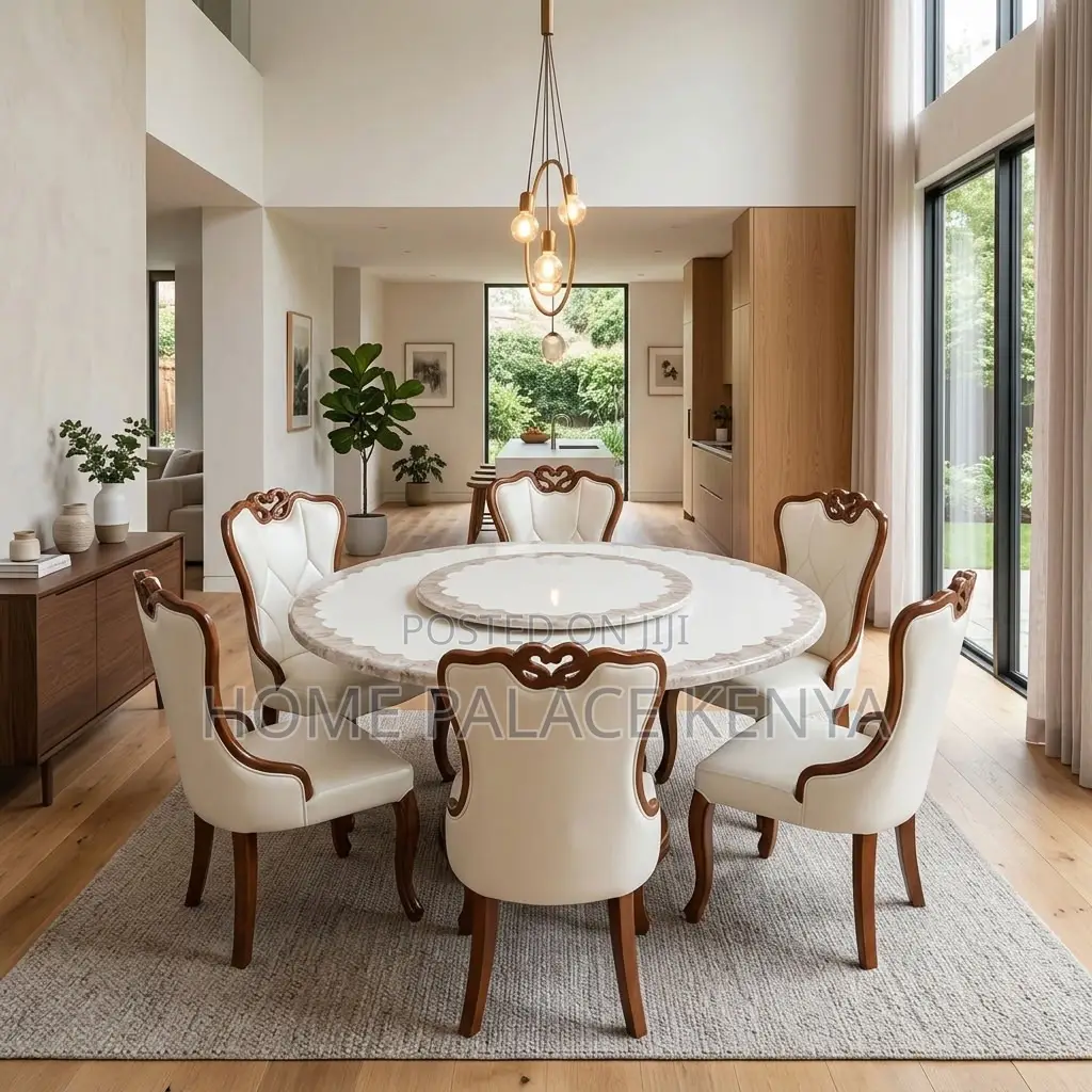 Home Dining Set; Leather Chairs With Turn Table Dining Set