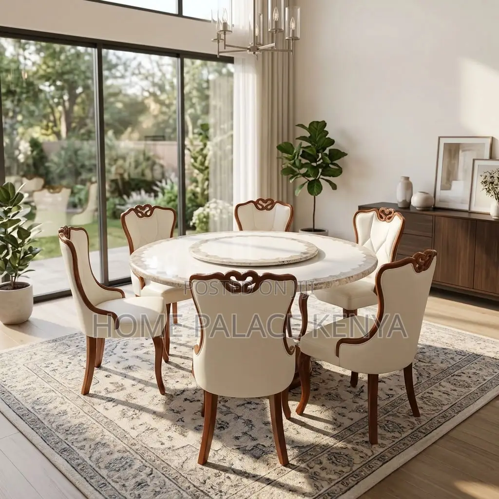 Home Dining Set; Leather Chairs With Turn Table Dining Set