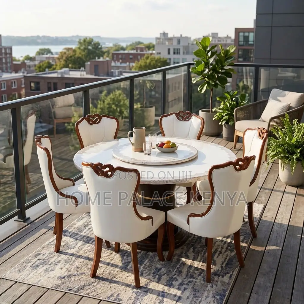 Home Dining Set; Leather Chairs With Turn Table Dining Set