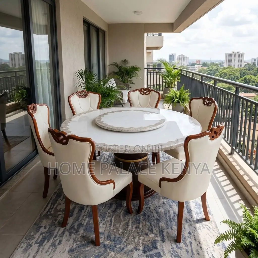 Home Dining Set; Leather Chairs With Turn Table Dining Set