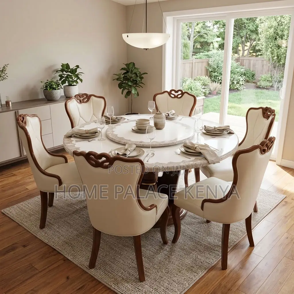 Home Dining Set; Leather Chairs With Turn Table Dining Set
