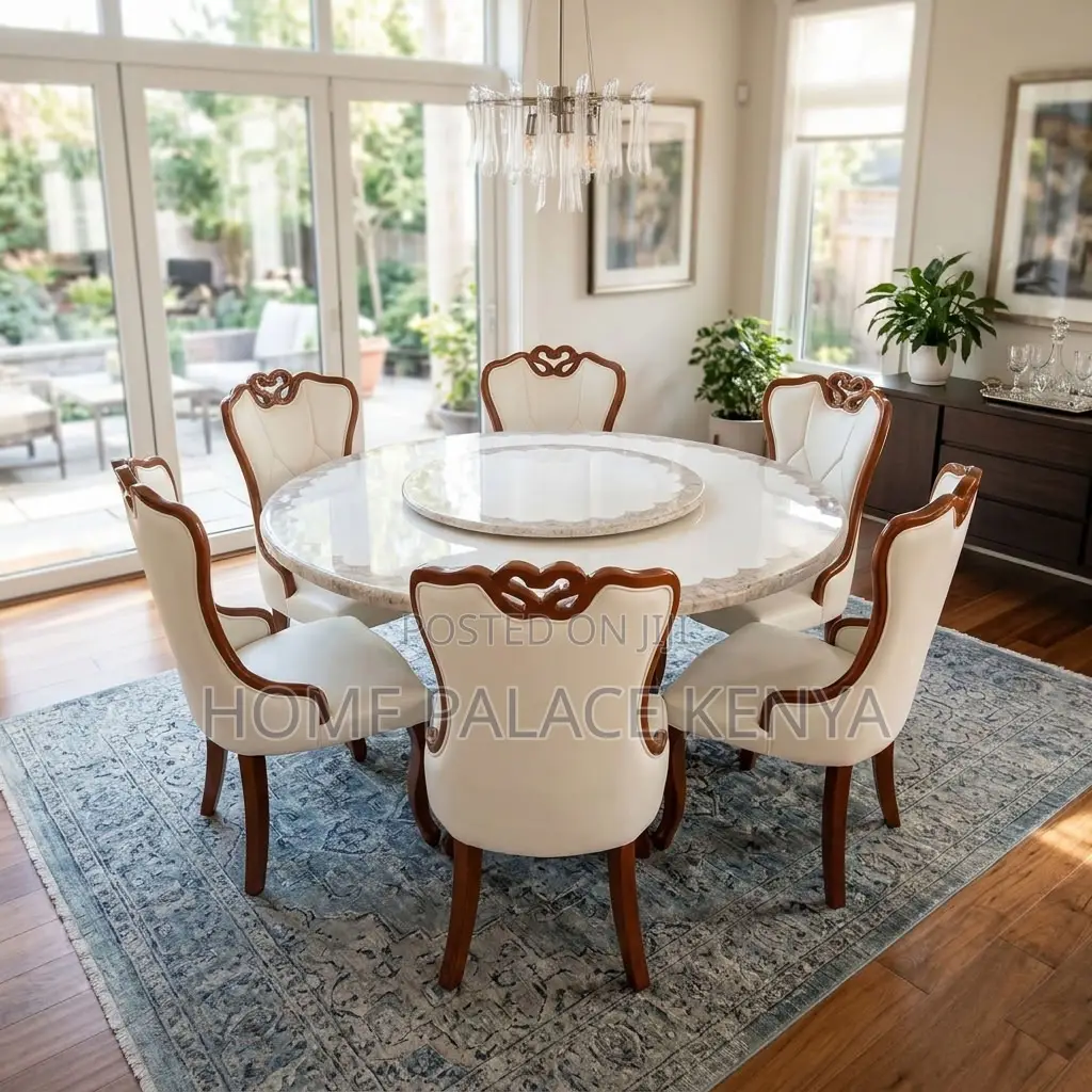 Home Dining Set; Leather Chairs With Turn Table Dining Set