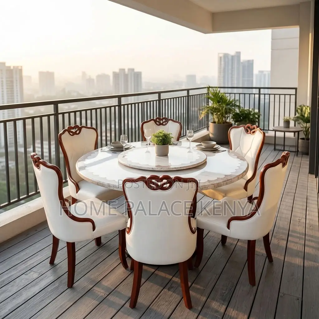 Home Dining Set; Leather Chairs With Turn Table Dining Set