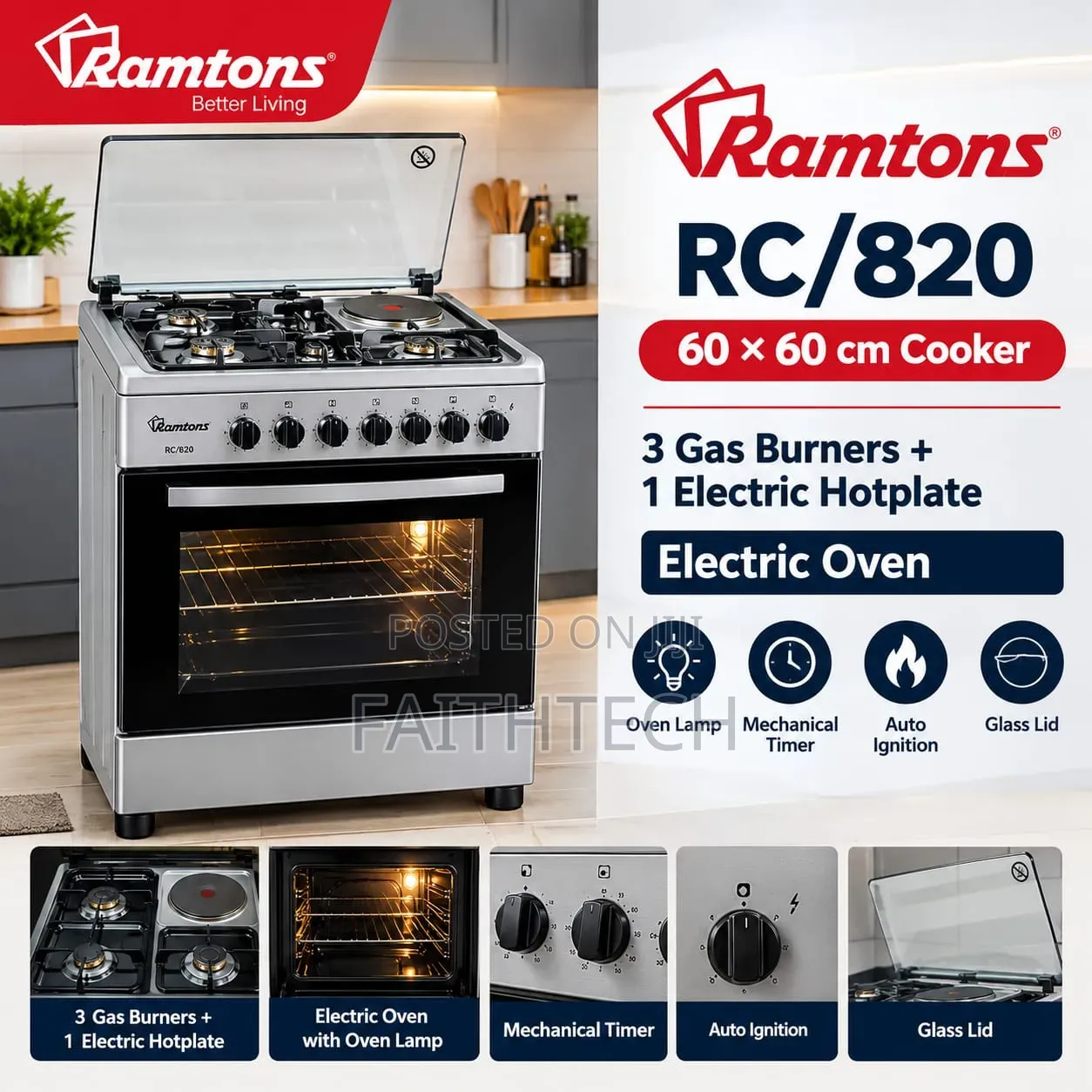 Ramtons RC/820 (3G+1E 60×60 Silver Cooker),