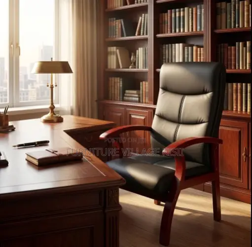 Leather Visitor Office Chair-With Mahogany Arm