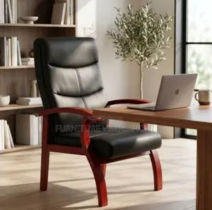 Leather Visitor Office Chair-With Mahogany Arm