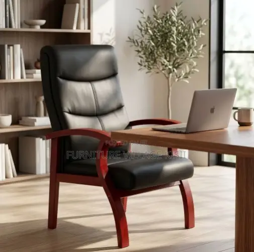 Leather Visitor Office Chair-With Mahogany Arm