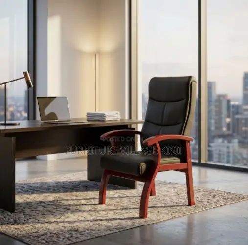 Leather Visitor Office Chair-With Mahogany Arm