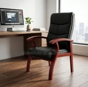 Leather Visitor Office Chair-With Mahogany Arm