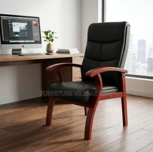 Leather Visitor Office Chair-With Mahogany Arm