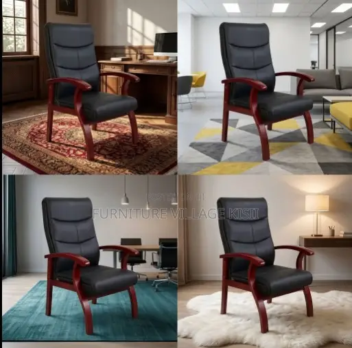 Leather Visitor Office Chair-With Mahogany Arm