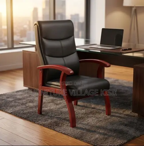 Leather Visitor Office Chair-With Mahogany Arm