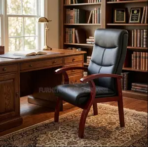 Leather Visitor Office Chair-With Mahogany Arm