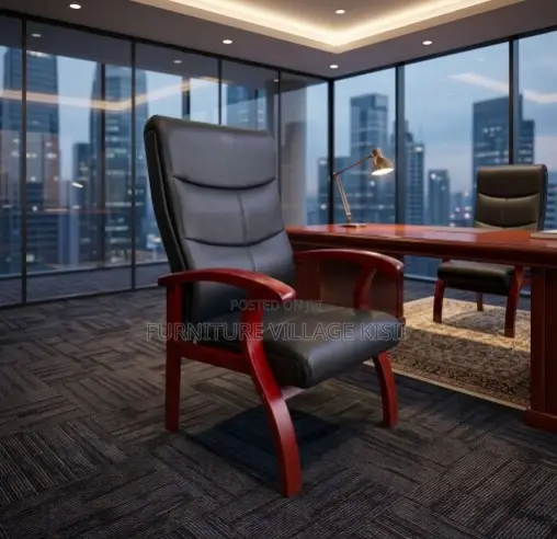 Leather Visitor Office Chair-With Mahogany Arm