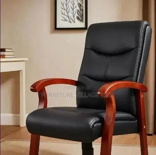 Leather Visitor Office Chair-With Mahogany Arm