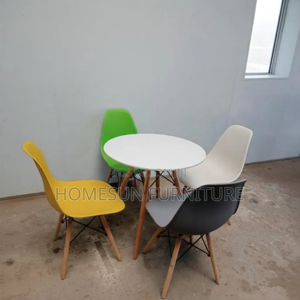 Dining Set – Round White Table With Four Colourful Chairs