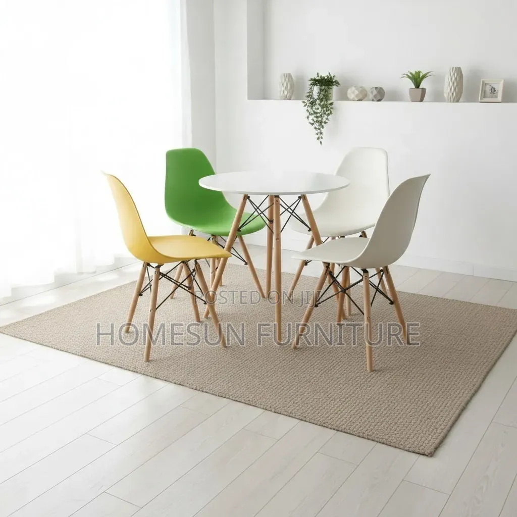Dining Set – Round White Table With Four Colourful Chairs