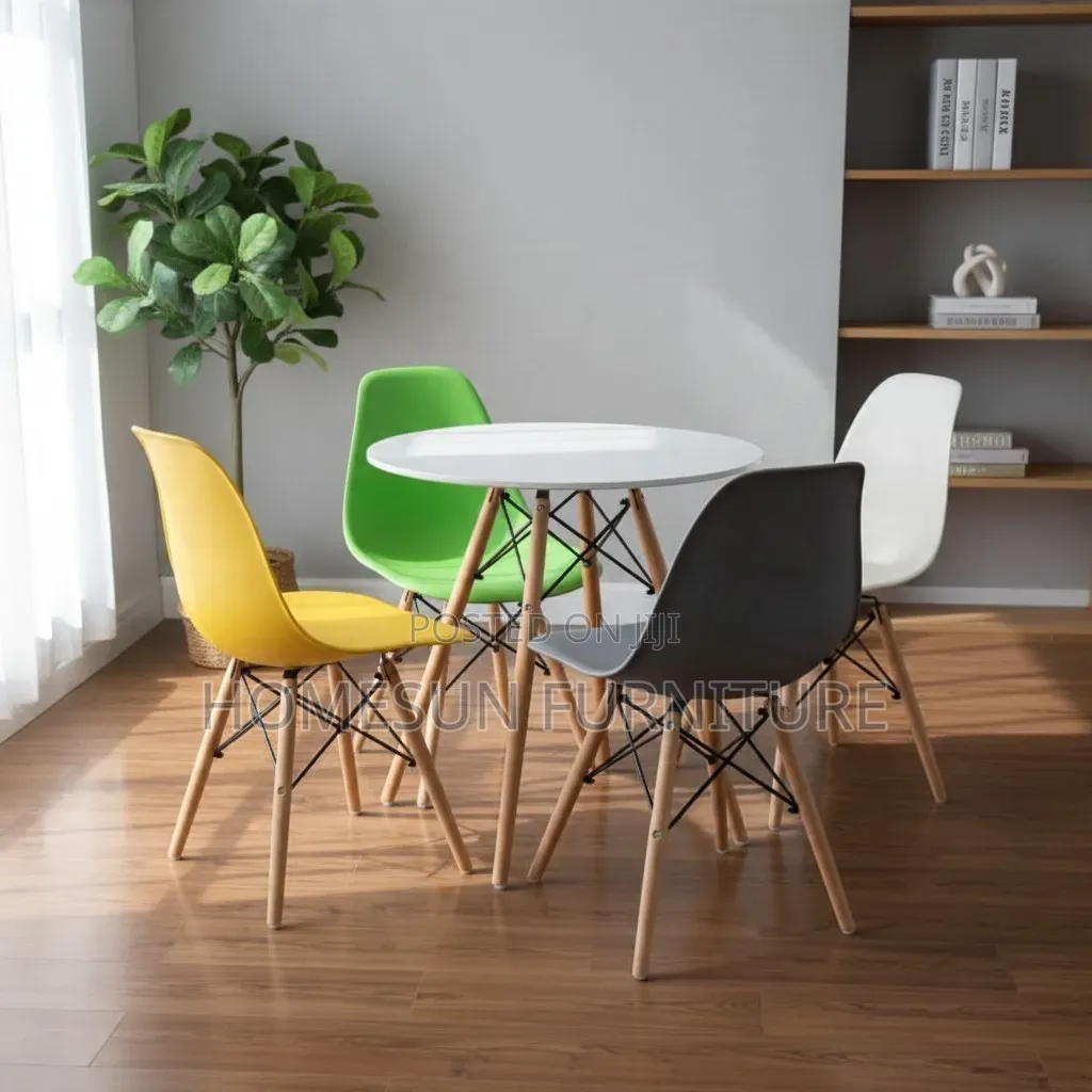 Dining Set – Round White Table With Four Colourful Chairs