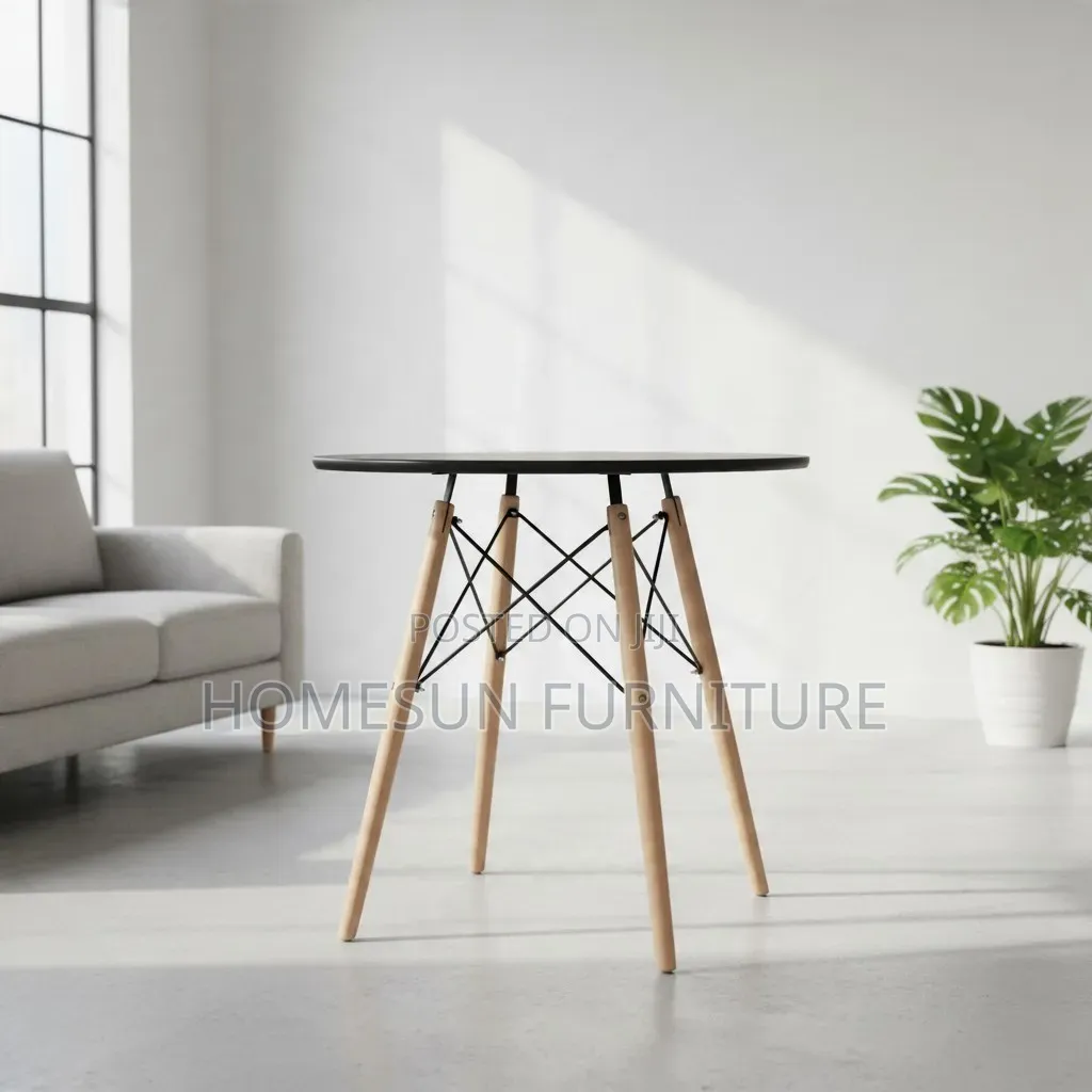 Side Table – Round Black Top With Wooden Legs