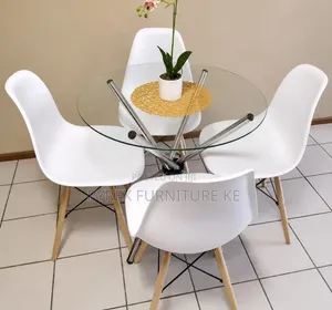 White 4 Chair Glass Top Dining Table Set