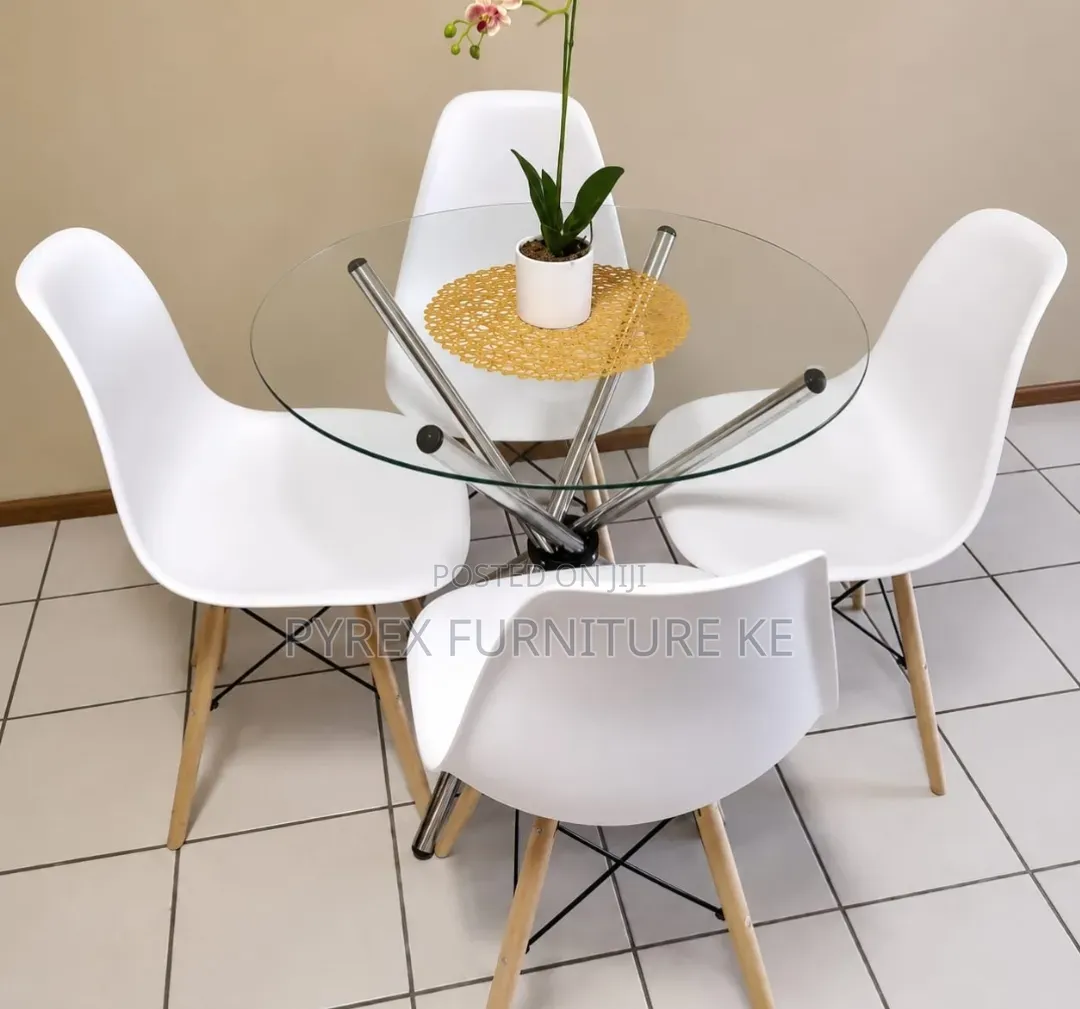 White 4 Chair Glass Top Dining Table Set