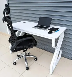 White Desk + Black Headrest Chairs