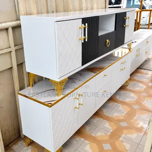 Luxury White and Black TV Stand With Gold Accents