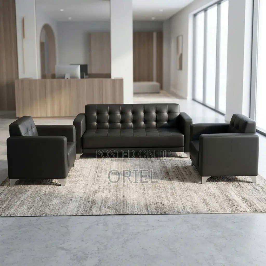 5-Seater Sofa : Black Leather Padded Guest Reception Sofa