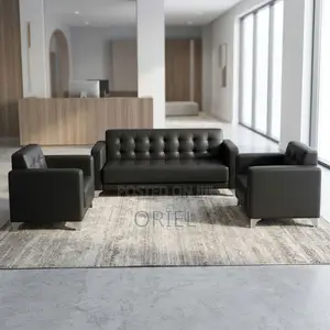 5-Seater Sofa : Black Leather Padded Guest Reception Sofa
