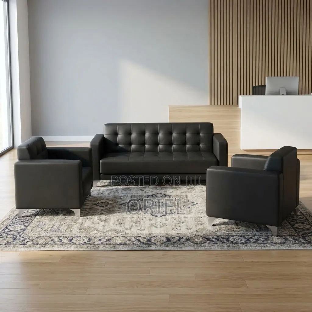 5-Seater Sofa : Black Leather Padded Guest Reception Sofa