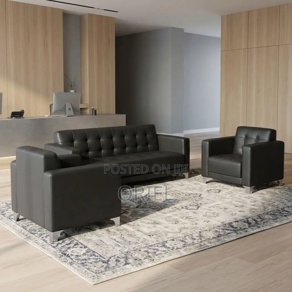 5-Seater Sofa : Black Leather Padded Guest Reception Sofa