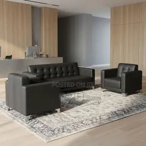 5-Seater Sofa : Black Leather Padded Guest Reception Sofa