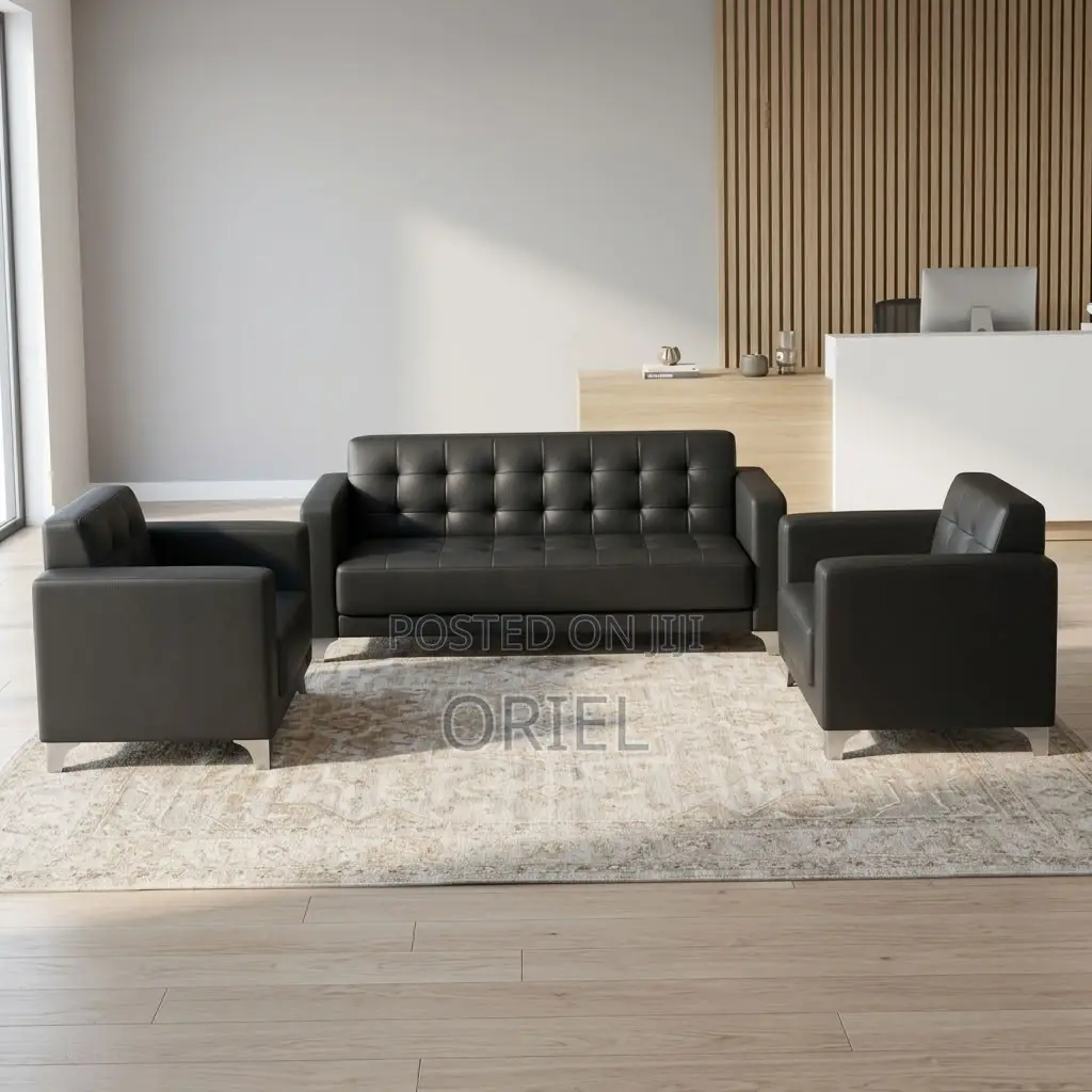 5-Seater Sofa : Black Leather Padded Guest Reception Sofa