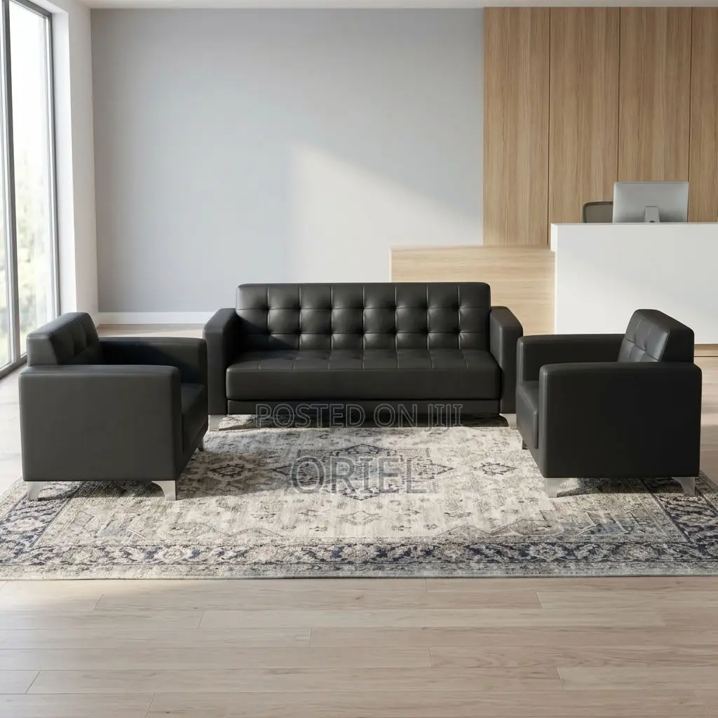 5-Seater Sofa : Black Leather Padded Guest Reception Sofa