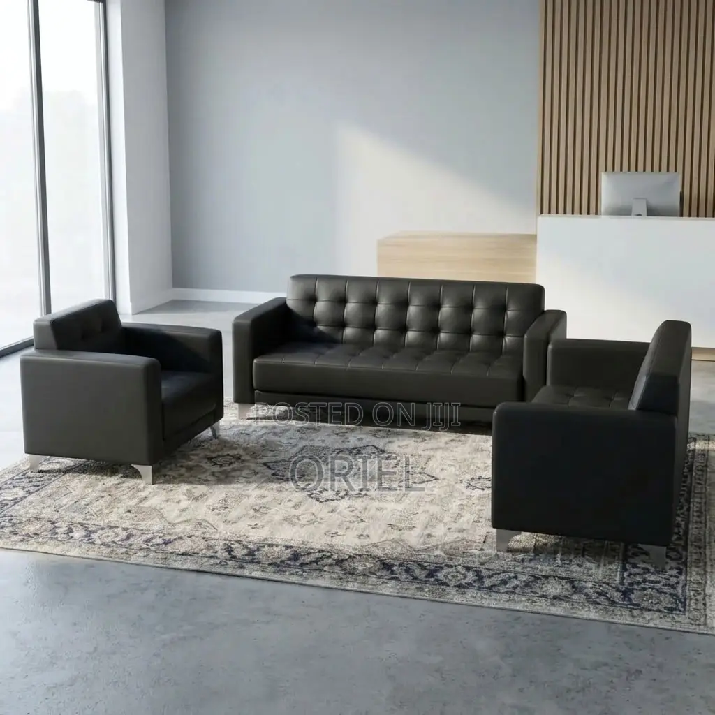 5-Seater Sofa : Black Leather Padded Guest Reception Sofa