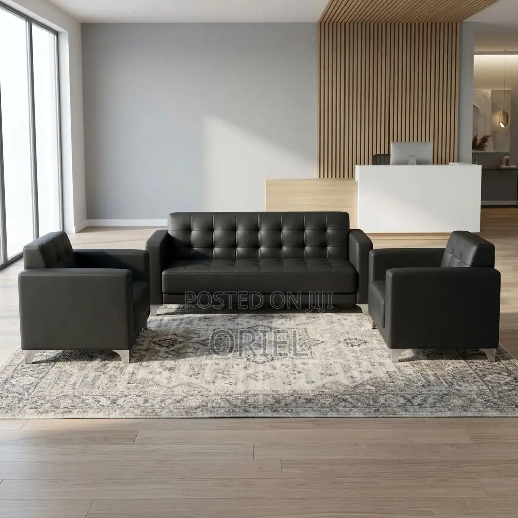 5-Seater Sofa : Black Leather Padded Guest Reception Sofa